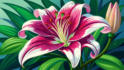 'Flashpoint' deep pink and white lily in bloom in the summer months .Very beautiful