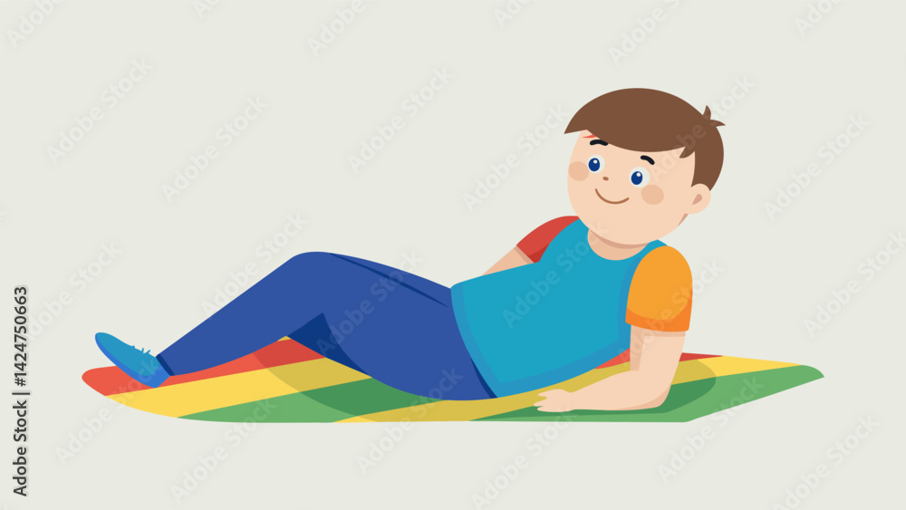 Aufkleber a teenager with down syndrome using a colorful and playful situp pad for abdominal exercises.. vecto