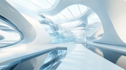 Fototapeta premium Interior of an Abstract Modern Building with Curved Walls and Glass Panels