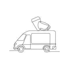 One continuous line drawing of Food and drink truck vector illustration. Food and drink themes design concept in simple linear style. Coffee truck food for your asset design and educational.