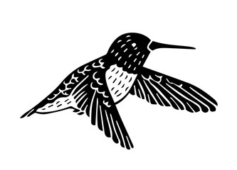 Beija-flor em xilogravura com estilo artesanal e regional brasileiro