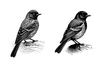 Pássaros detalhados em xilogravura com estética de arte popular brasileira