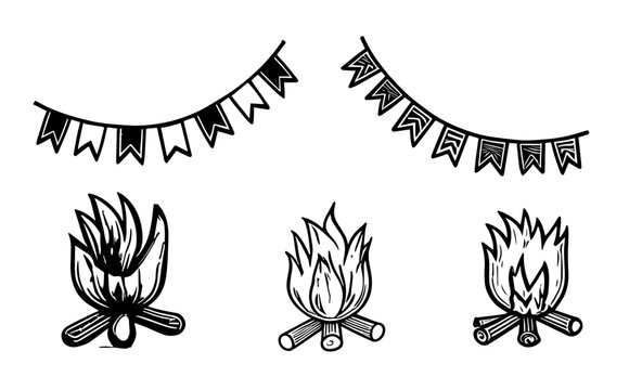 Fogueiras e bandeirinhas de festa junina em estilo de xilogravura