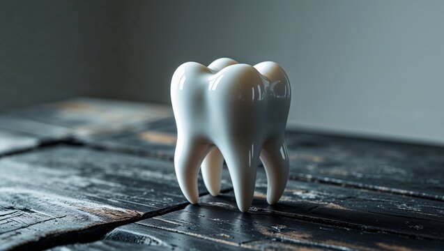 Shiny white molar tooth model on wooden table
