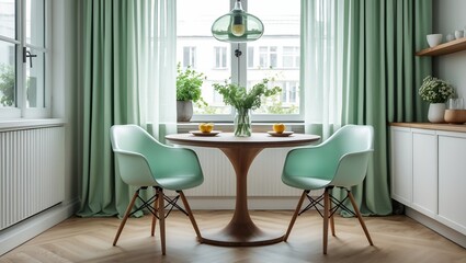 Mint green chairs at a cozy scandinavian dining table