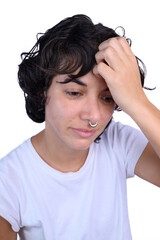 Woman with hand on forehead showing emotional expression of worry, stress or contemplation,...