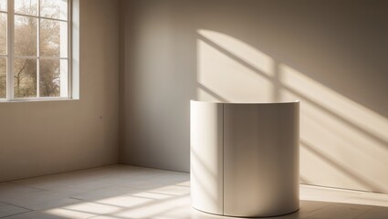White cylinder podium in sunlit room with window shadow