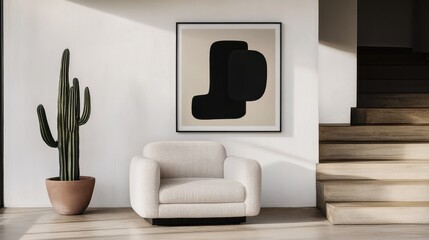 Black-and-white living area with one framed abstract print and a single potted cactus