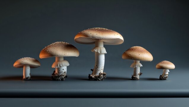 Six mushrooms lying on dark grey surface