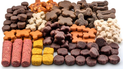 A colorful assortment of delicious dog treats in various shapes and sizes perfect for spoiling your furry friend.