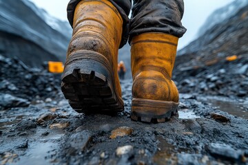 Work Boots Treading Through Muddy Terrain A CloseUp of Yellow Safety Footwear in Wet Rocky C