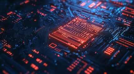 Obraz premium Illuminated Circuit Board with Red and Blue Lighting