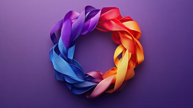 World Cancer Day concept, February 4. Circle of colorful awareness ribbons on purple background.