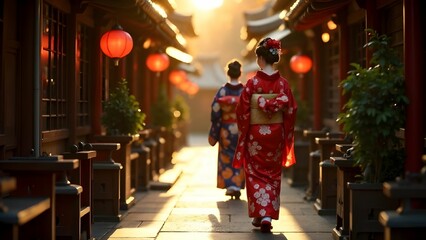 Naklejka premium Silhouette of geisha on a narrow street in Japan Red Lights