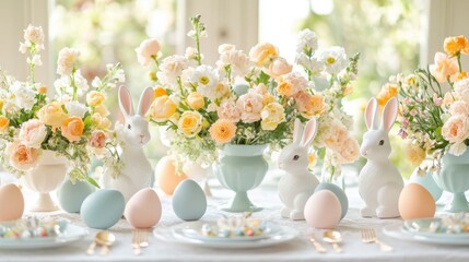 Easter table decor with pastel eggs, bunny figures, and spring flowers in a cheerful setup
