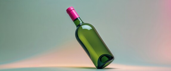 Green Wine Bottle with Pink Cap on Pastel Background.