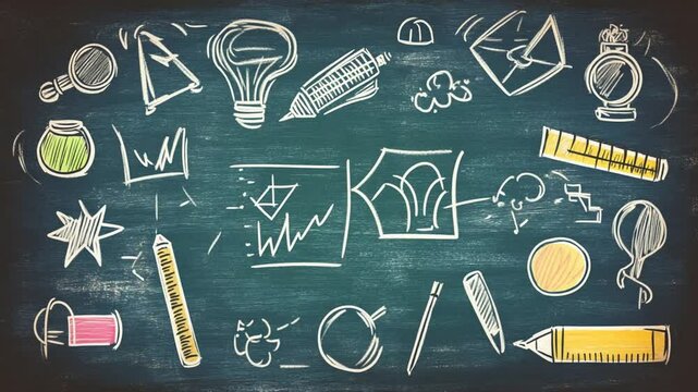Illustration of creative process and diverse ideas on chalkboard background concept