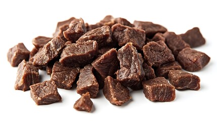 Obraz premium A close-up shot shows a pile of delicious perfectly cubed beef jerky pieces isolated on a bright white background.