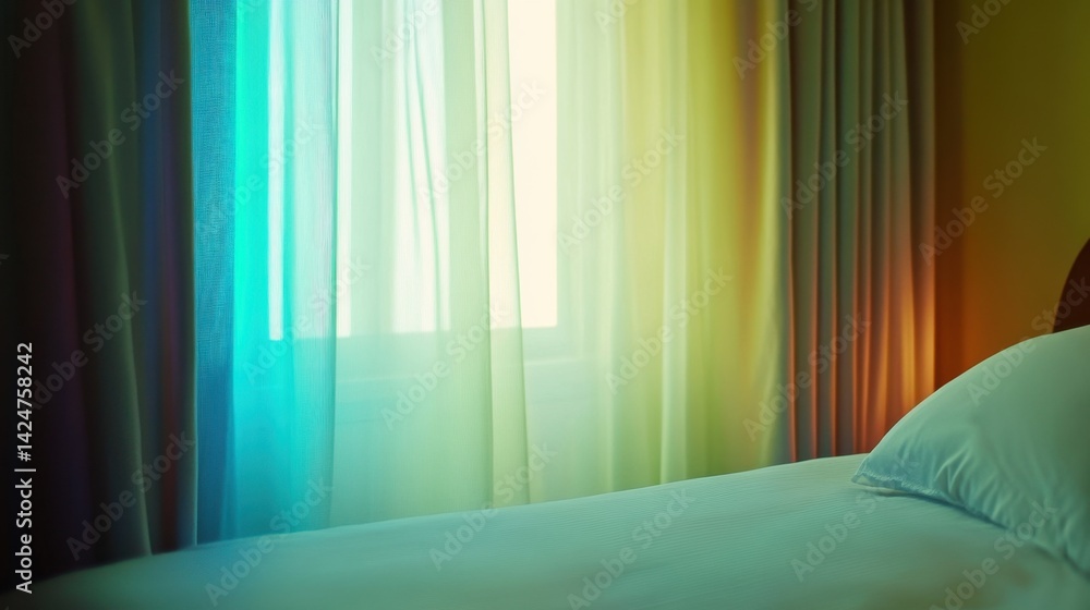 Poster floor-to-ceiling window with led curtain lights softly diffusing through sheers