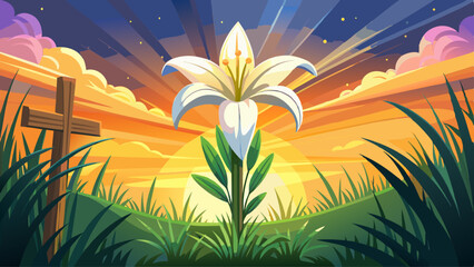 Obraz premium Beautiful lily flower with Easter cross at sunset in grassy field for spiritual reflection concept .Very beautiful