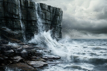 Powerful waves crashing against a dramatic cliff face.