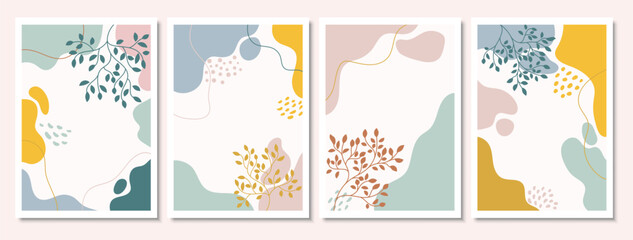 Botanical posters set in neutral colors. Organic shapes cards collection with tree branches. Flower and leaves design for print, wall art for home decoration.
