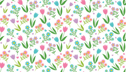 Colorful Spring seamless pattern with Tulips and other flowers. Spring wrapping paper with flowers and ditsy hearts in cartoon flat style.