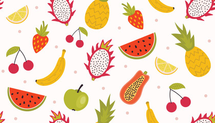 Summer seamless pattern with colorful fruits. Great for wallpaper, wrapping, gift papers, clothing, web page backgrounds, greeting cards and more.