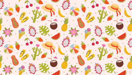 Cute summer vacation seamless pattern with tropical fruits and cactus, ice cream and more. Colorful summer holidays background in flat style.