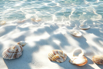 Tranquil beach scene with seashells and sunlight.