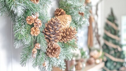 Holiday-themed decor with pinecones, garlands, and wintery neutral accessories