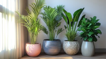 Fototapeta premium Indoor plant corner with tall palm and leafy greens in various ceramic planters