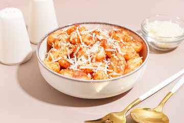 Bowl of tasty gnocchi with cheese on white background