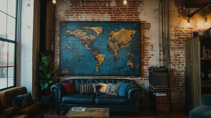 Fototapeta premium Large metal world map sculpture mounted in an open-concept loft wall