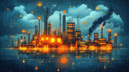 Fototapeta premium Night Industrial Plant, Pollution, Smart City, Data Network, Reflection