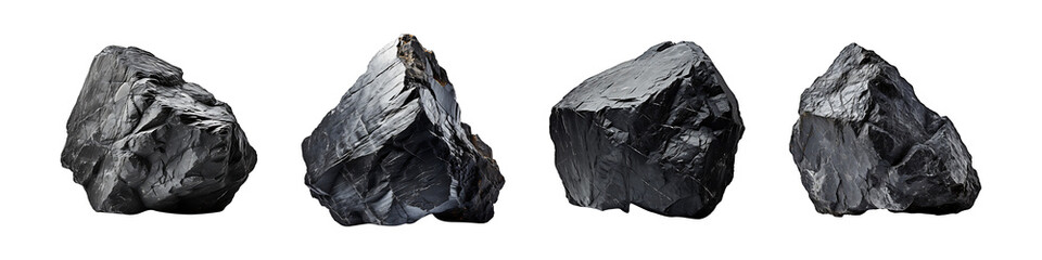 Set of black graphite rock stones isolated on transparent background