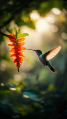 Obraz premium A vibrant hummingbird with iridescent green feathers hovers mid-air while feeding from a blooming pink flower, surrounded by lush greenery 