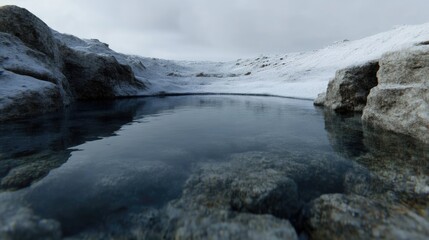 Obraz premium Frozen glacial pool nestled amidst snow-capped rocks