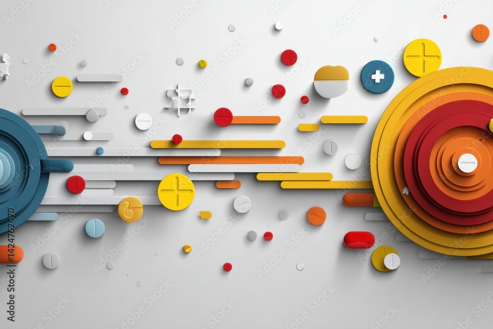 Aufkleber Bright Minimal Pills and Icons Moving in Circular Motion to Represent Health and Wellness Concepts