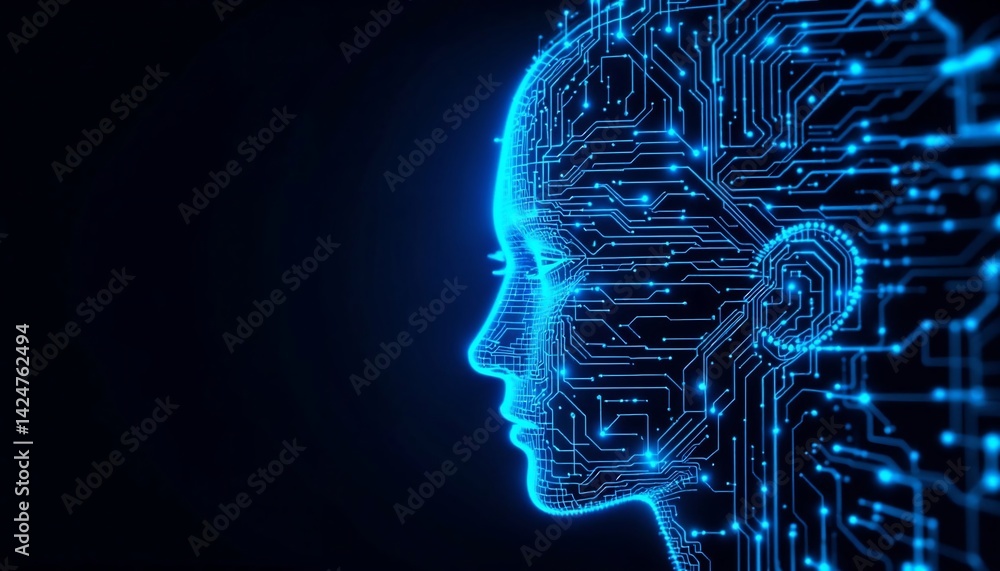 Poster digital mindscape: an intricate network of circuits forms a human profile, glowing with digital ener