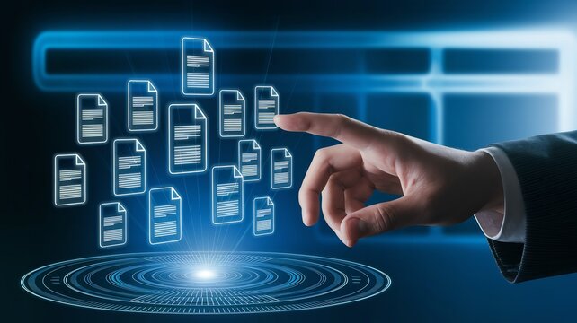 Digital Data at Your Fingertips: A human hand interacts with an ethereal array of digital documents, symbolizing the seamless access and management of information in the digital age.