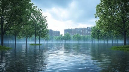 Flooded city park, apartment buildings, overcast