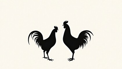 Fototapeta premium Rooster Silhouette Duo: Two elegant rooster silhouettes face each other, displaying detailed features, and exuding rustic charm, perfect for evoking a sense of rural life and classic design.