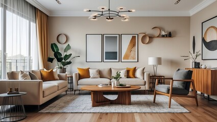 Stylish modern living room with beige sofa and accessories
