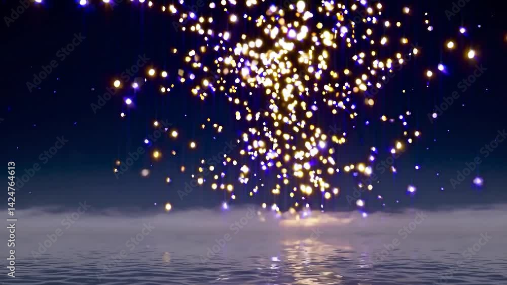 Poster golden particles falling from the sky, creating a magical and mesmerizing atmosphere over a body of 