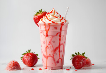 Milkshake in a disposable cup, beautiful and appetizing strawberry syrup isolated on transparent background.