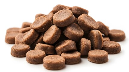 A close-up shot reveals a pile of delicious brown pet food kibble against a clean white background perfect for pet food packaging.