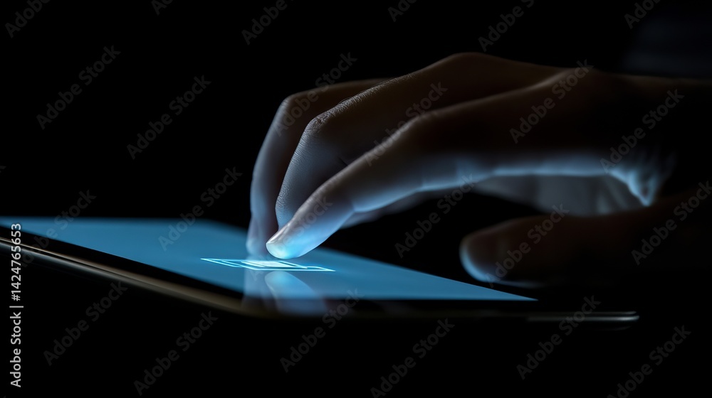Aufkleber closeup hand using modern tablet device digital technology screen touch interface blue light night t