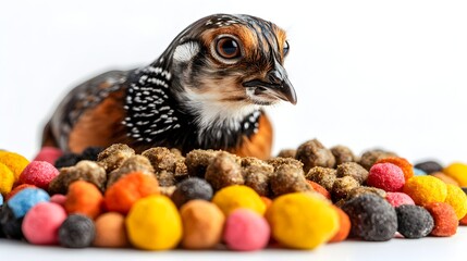 Obraz premium A vibrant Harlequin Quail chick sits led amongst colorful birdseed and textured pellets on a pristine white background.