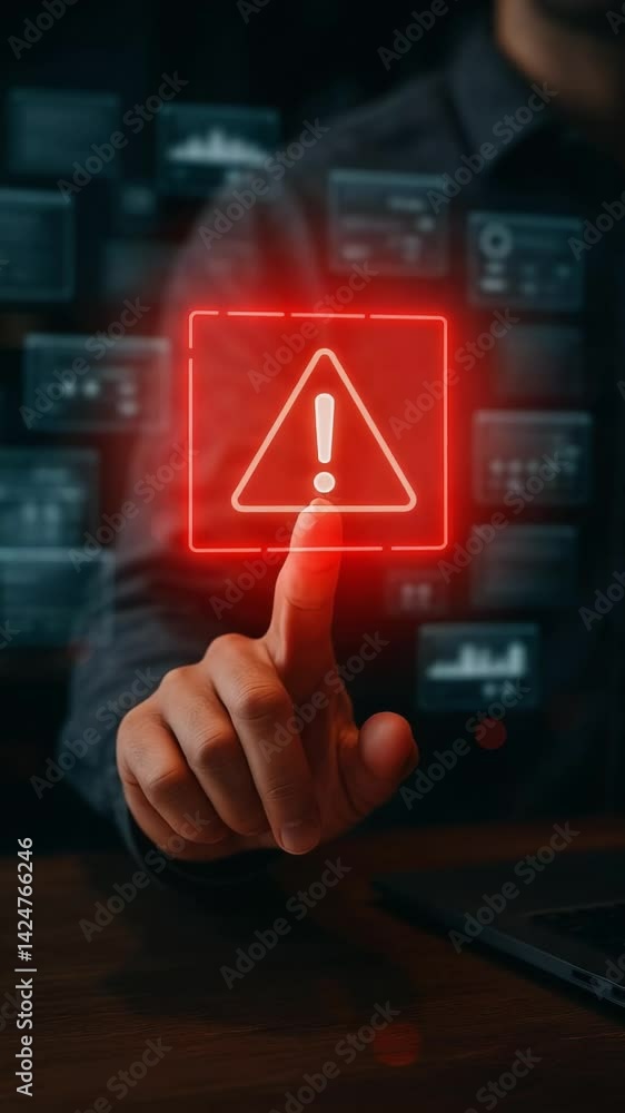 Aufkleber a hand reaches out to touch a red warning symbol on a digital interface. the environment is dimly li